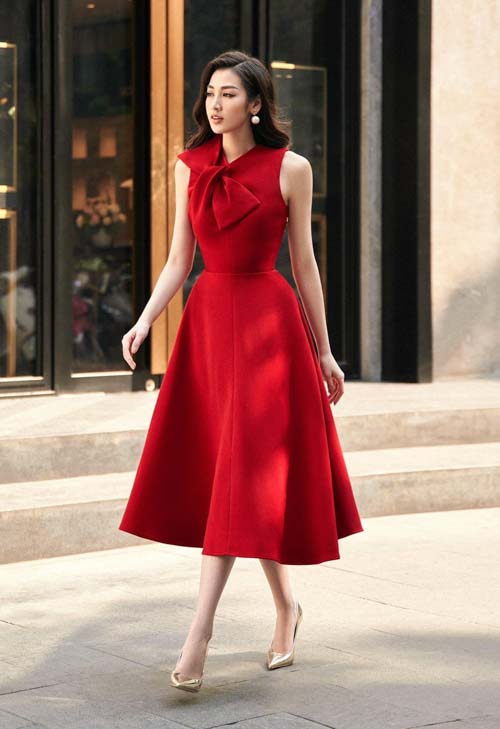 Váy xoè chữ A rất đẹp quý phái với red color sang trọng mang đến nữ